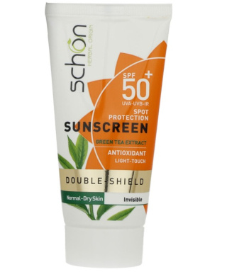 Double shield sun cream spf50 green tea color 50ml suitable for dry and normal skin